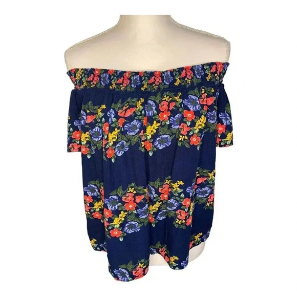 Old Navy Women's Medium Blue Hawaiian Print Off The Shoulder Blouse - Picture 1 of 5